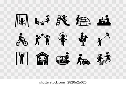 Set of playground activity icons with children playing on swings, slide, seesaw, sandbox, merrygoround, and various outdoor games