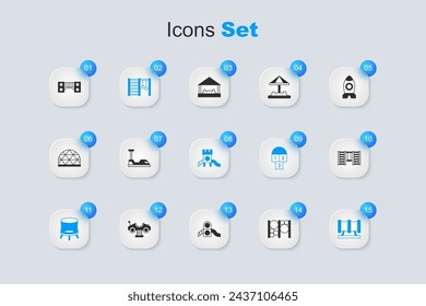 Set Playground climbing equipment, Bumper car, Swedish wall, Jumping trampoline, Kid playground slide pipe, kids bridge and Slide icon. Vector