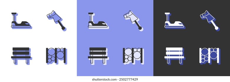 Set Playground climbing equipment, Bumper car, Bench and Toy horse icon. Vector