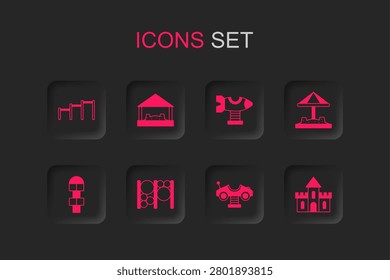 Set Playground climbing equipment, Sandbox with sand, Sport horizontal bar, Swing car, castle, plane and Hopscotch icon. Vector
