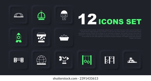 Set Playground climbing equipment, Slide playground, Attraction carousel, Gymnastic rings, Rocket ship toy,  and Swing plane icon. Vector
