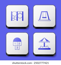 Conjunto de equipos de escalada de patio, columpio para niños, rayuela y arenero con icono de arena. Botón cuadrado blanco. Vector
