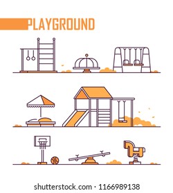 Set Of Playground Elements - Modern Vector Isolated Objects On White Background In Line Design Style. Sandbox, Merry-go-round, Slide, Swing, Rings, Spring Rider, Jungle Gym, Seesaw, Basketball