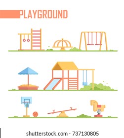 Set Of Playground Elements - Modern Vector Cartoon Isolated Illustration On White Background. Sandbox, Merry-go-round, Slide, Swing, Horizontal Bar, Rings, Spring Rider, Jungle Gym, Seesaw, Basketball