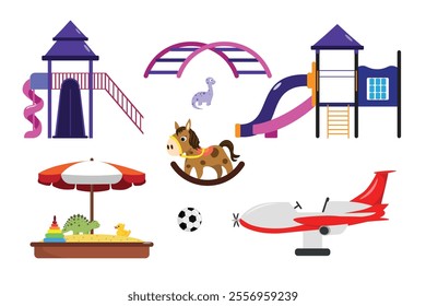 Set of playground equipment in cartoon style. Vector illustration of children's play complexes, houses with slides, a tube, a sandbox with toys, a ball, an airplane isolated on a white background.