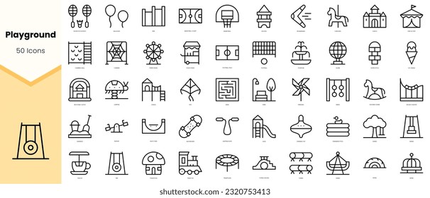 Juego de Iconos en el parque infantil. Paquete de iconos de estilo de arte de línea simple. Ilustración del vector