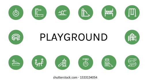 Set of playground icons. Such as Swing, Trampoline, Seesaw, Slide, Rope park, Sandbox, Toboggan, Playground , playground icons