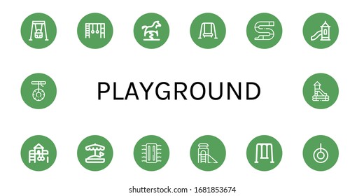 Set of playground icons. Such as Swing, Monkey bars, Spring swing horse, Slide, Toboggan, Playground, Sandbox, Inflatable , playground icons
