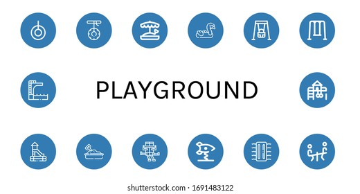 Set von Spielplätzen-Symbolen. Zum Beispiel Schaukel, Sandkasten, Aufblasbare, Slide, Springschwingenrakete, Seesaw, Trampolin, Spielplatz, Symbole auf dem Spielplatz