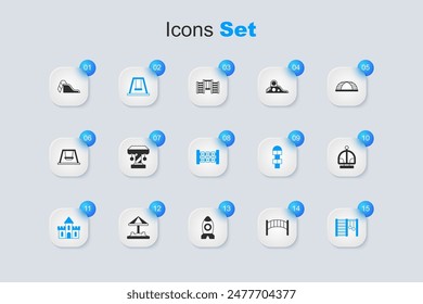 Set Playground kids bridge, Attraction carousel, Swing for, Sand castle, Swedish wall, Slide playground and Education logic game icon. Vector