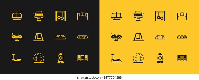 Set Playground kids bridge, climbing equipment, Monkey bar, Rocket ship toy, Swing for, Gymnastic rings, Attraction carousel and  icon. Vector