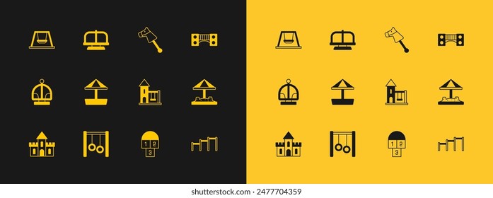 Puente de los niños del patio, anillos de gimnasia, columpio para los niños, Hopscotch, caja de arena con la arena, caballo del juguete, y icono del carrusel de la atracción. Vector