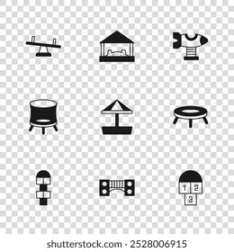 Set Playground kids bridge, Jumping trampoline, Hopscotch, Sandbox with sand, Swing plane, Seesaw,  and  icon. Vector