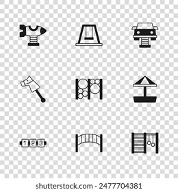 Set Playground kids bridge, Sandbox with sand, Swedish wall, climbing equipment, Swing car, plane, for and Toy horse icon. Vector