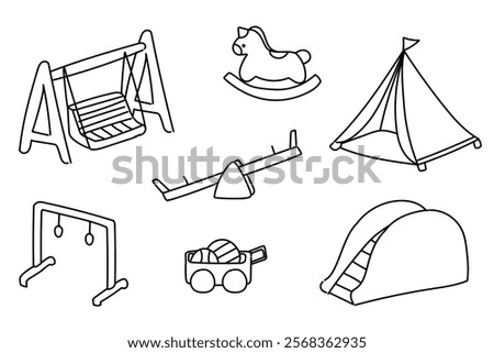 set of playground kids outdoor icons hand drawn, doodle elements, vector illustrations. Game play, slide, seesaw, swing, children, tent, ride, squat jump, game box, amusement park