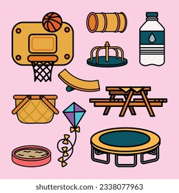 Set of Playground Objects Cute Flat Line Illustration