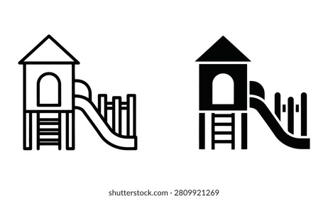 A set of playground slide icons presented in both minimalist outline and solid black vector graphic styles.