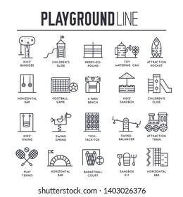 Set of playground thin line icons isolated on white. Games and toys in children`s zone outline pictograms collection. Kid`s activities in playpit, amusement park. Vector elements for infographic, web.