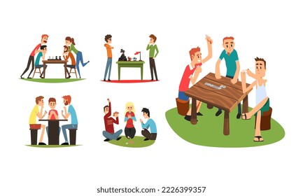 Set of playing board games. Men and women playing chess, domino and strategic game cartoon vector illustration