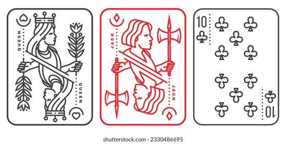 Juego de cartas 10, reina, jack. Ilustración vectorial. Esotérico, mágica tarjeta de juego real 10, reina, colección de diseño de jack. Estilo minimalista de arte de línea