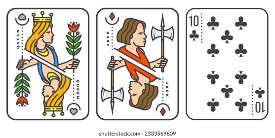 Set of playing card 10, queen, jack. Vector illustration. Esoteric, magic Royal playing card 10, queen, jack design collection. Line art minimalist style