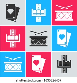Set Playing card, Attraction carousel and Drum with drum sticks icon. Vector