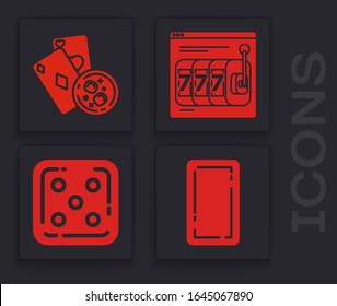Set Playing card back, Playing cards and glass of whiskey with ice cubes, Online slot machine with lucky sevens jackpot and Game dice icon. Vector