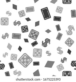 Set Playing card back, Playing card with diamonds symbol, Dollar symbol and Game dice on seamless pattern. Vector