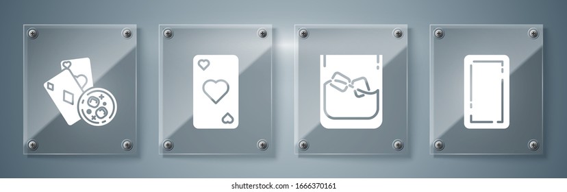 Set Playing card back, Glass of whiskey and ice cubes, Playing card with heart symbol and Playing cards and glass of whiskey with ice cubes. Square glass panels. Vector