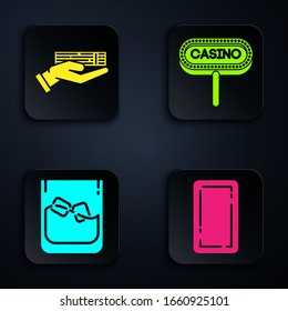 Set Playing card back, Hand holding deck of playing cards, Glass of whiskey and ice cubes and Casino signboard. Black square button. Vector