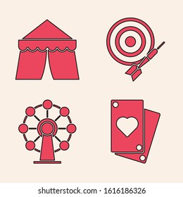 Set Playing card, Circus tent, Classic dart board and arrow and Ferris wheel icon. Vector