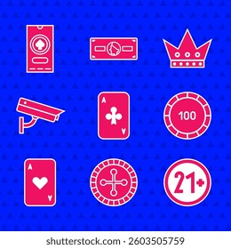 Set Playing card with clubs, Casino roulette wheel, 21 plus, chips, heart, Security camera, King playing and poker tournament invitation icon. Vector