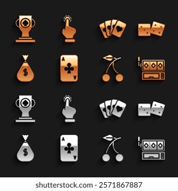 Set Playing card with clubs, Game dice, Slot machine, Casino slot cherry, Money bag, Deck of playing cards, poker trophy cup and Hand holding casino chips icon. Vector