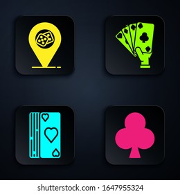Set Playing card with clubs symbol, Casino location, Deck of playing cards and Hand holding playing cards. Black square button. Vector