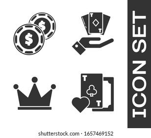 Set Playing card with clubs symbol, Casino chip with dollar, Crown and Hand holding deck of playing cards icon. Vector