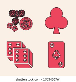 Set Playing card with clubs symbol, Casino chips, game dice and glass of whiskey with ice cubes, Playing card with clubs symbol and Game dice icon. Vector