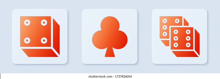 Set Playing card with clubs symbol, Game dice and Game dice. White square button. Vector