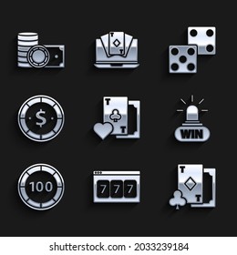 Set Playing card with clubs symbol, Online slot machine lucky sevens jackpot, diamonds, Casino win, chips, dollar, Game dice and and stacks money cash icon. Vector
