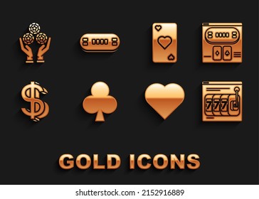 Set Playing card with clubs symbol, Online poker table game, slot machine lucky sevens jackpot, heart, Dollar, Hand holding casino chips and Poker icon. Vector