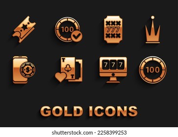 Set Playing card with clubs symbol, Crown, Casino chips, Online slot machine lucky sevens jackpot, poker table game, Slot, Lottery ticket and  icon. Vector