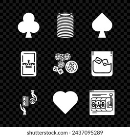 Set Playing card with clubs symbol, Casino chips, spades, exchange on stacks of dollars, heart, Online slot machine, Joker playing and game dice and glass whiskey ice cubes icon. Vector