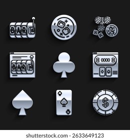 Set Playing card with clubs symbol, spades, Casino chip dollar, Online poker table game, slot machine, chips, dice and glass of whiskey ice cubes and Slot icon. Vector