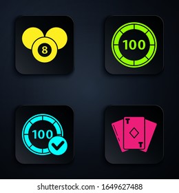 Set Playing card with diamonds, Billiard pool snooker 8 ball, Casino chips and Casino chips. Black square button. Vector