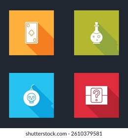 Set Playing card with diamonds, Bottle magic elixir, Bomb ready to explode and Mystery or random box icon. Vector