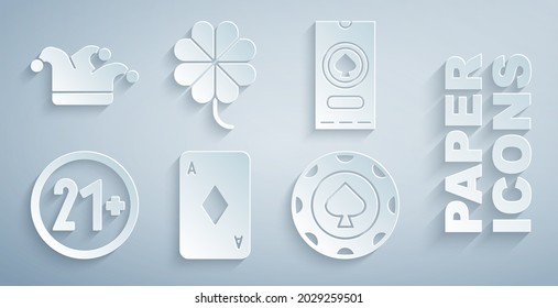 Set Playing card with diamonds, Casino poker tournament invitation, 21 plus, chips, slot machine clover and Joker playing icon. Vector