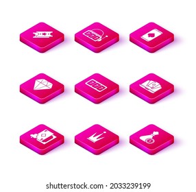 Establece la tarjeta de juego con diamantes, Corona, Diamante, Máquina de ranura con suerte 7 jackpot, Bolsa de dinero y fichas de casino, juego de mesa de póquer en línea e icono. Vector