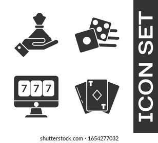 Set Playing card with diamonds, Hand holding money bag, Online slot machine with lucky sevens jackpot and Game dice icon. Vector