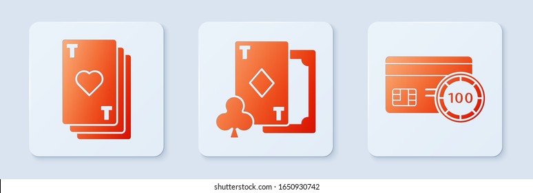 Set Playing card with diamonds, Playing card with heart and Credit card. White square button. Vector