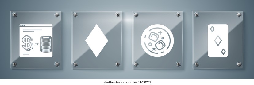 Set Playing card with diamonds symbol, Glass of whiskey and ice cubes, Playing card with diamonds symbol and Online casino chips exchange on stacks of dollars. Square glass panels. Vector