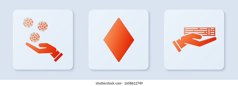 Set Playing card with diamonds symbol, Hand holding casino chips and Hand holding deck of playing cards. White square button. Vector
